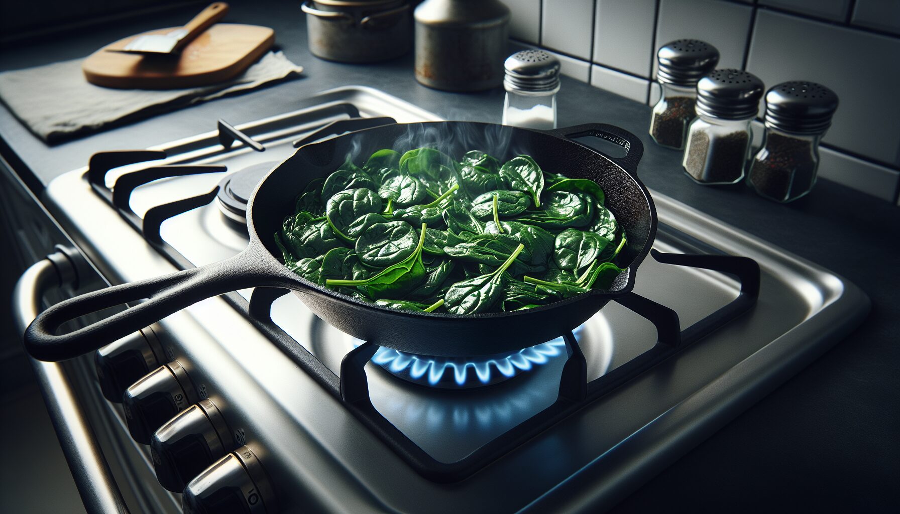 wilting spinach in a frying pan as part of a alpha lipoic rich diet