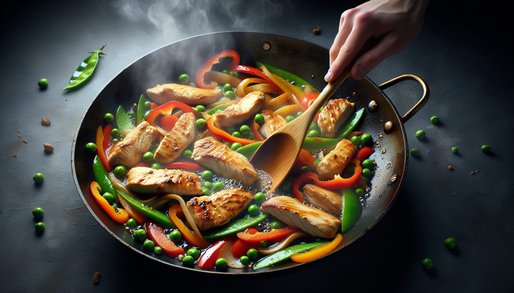 frying pan cooking stir fry with chicken strips