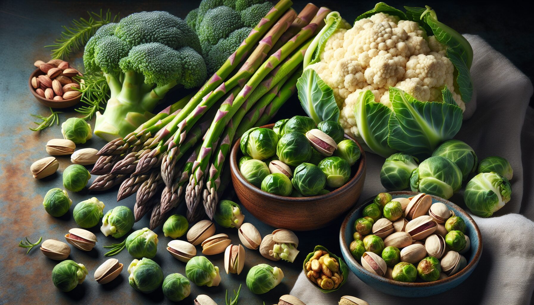 foods high in fibre such as asparagus, broccoli, brussels sprouts, cauliflower and pistachios