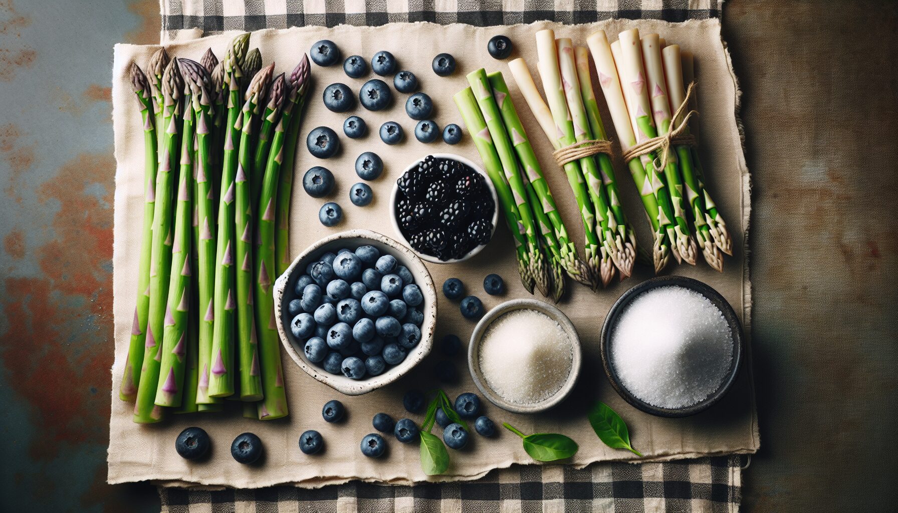 asparagus, blueberries, sugar on a table