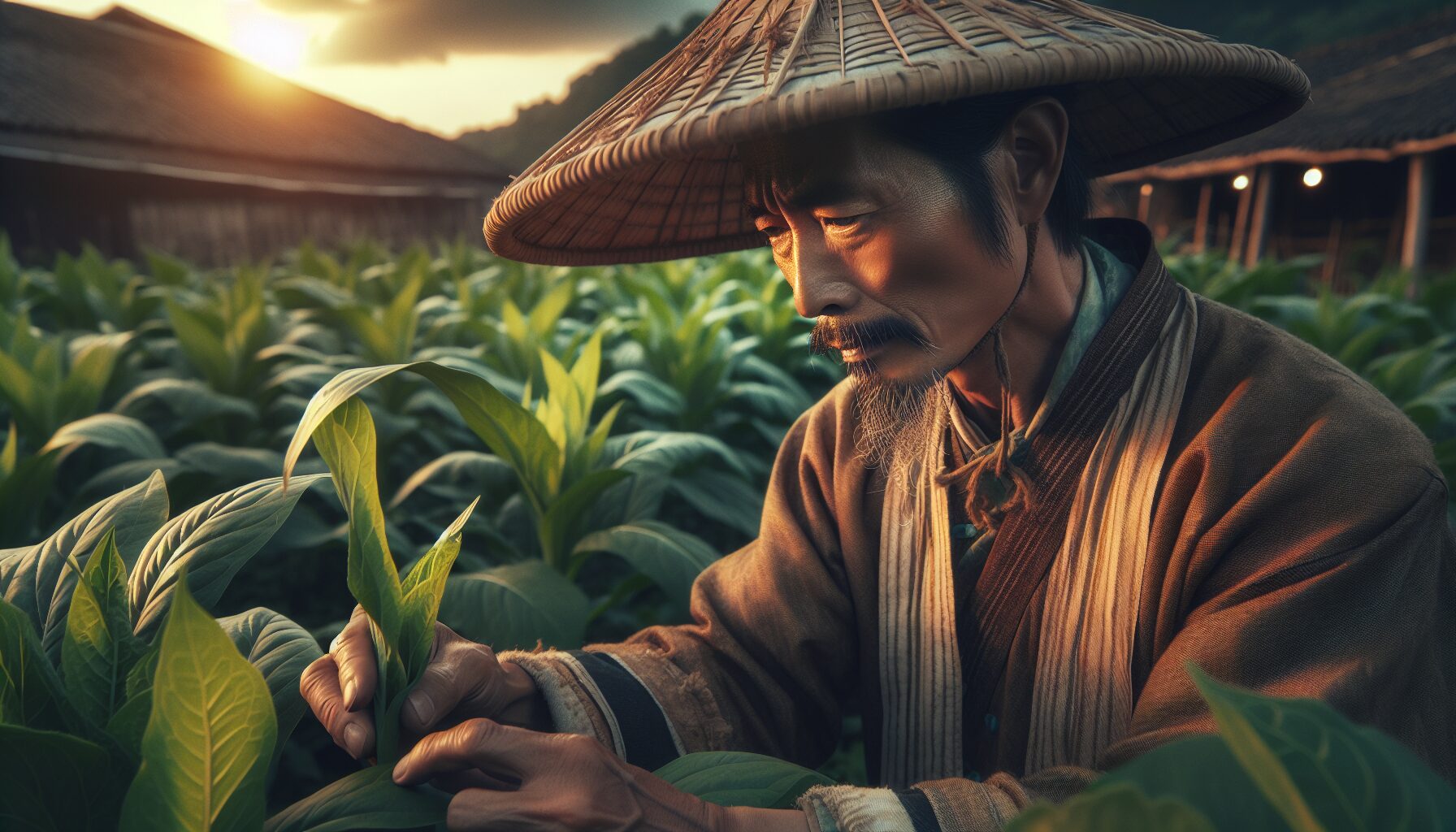 Chinese farmer tending to crops.