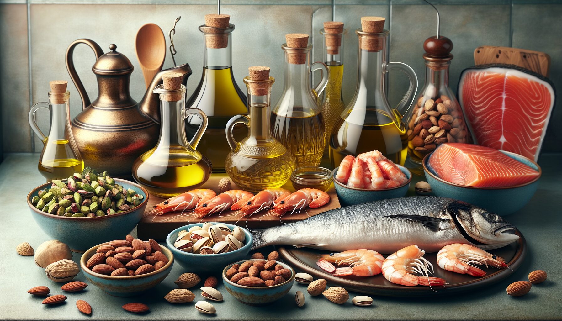 jugs of oils, nuts, grilled fish, shrimps and salmon on kitchen counter top